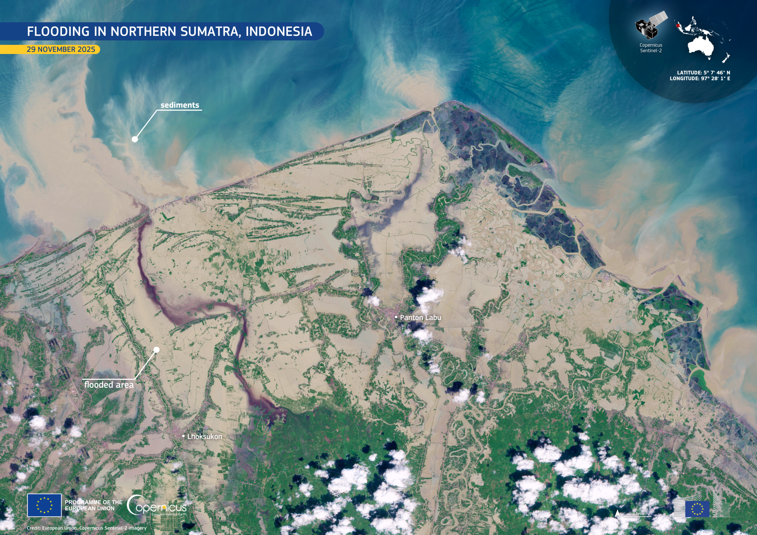 The following image shows a satellite view of flooding in Sumatra, Indonesia in November 2025. The image shows extensive inundation across Aceh province, with towns such as Lhoksukon and Panton Labu surrounded by floodwaters. Sediment-laden plumes discharged into the sea along the northern coast indicate substantial river outflow, caused by the heavy upstream rainfall.