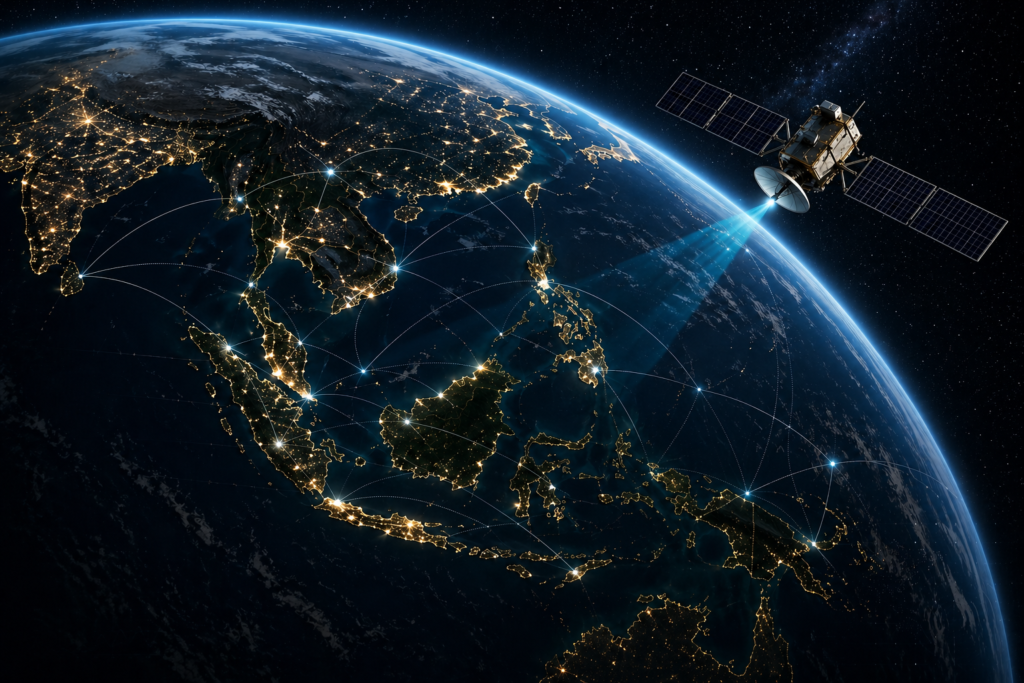 Satellite in orbit observing Southeast Asia at night, with illuminated urban areas and digital network connections overlaying the region.